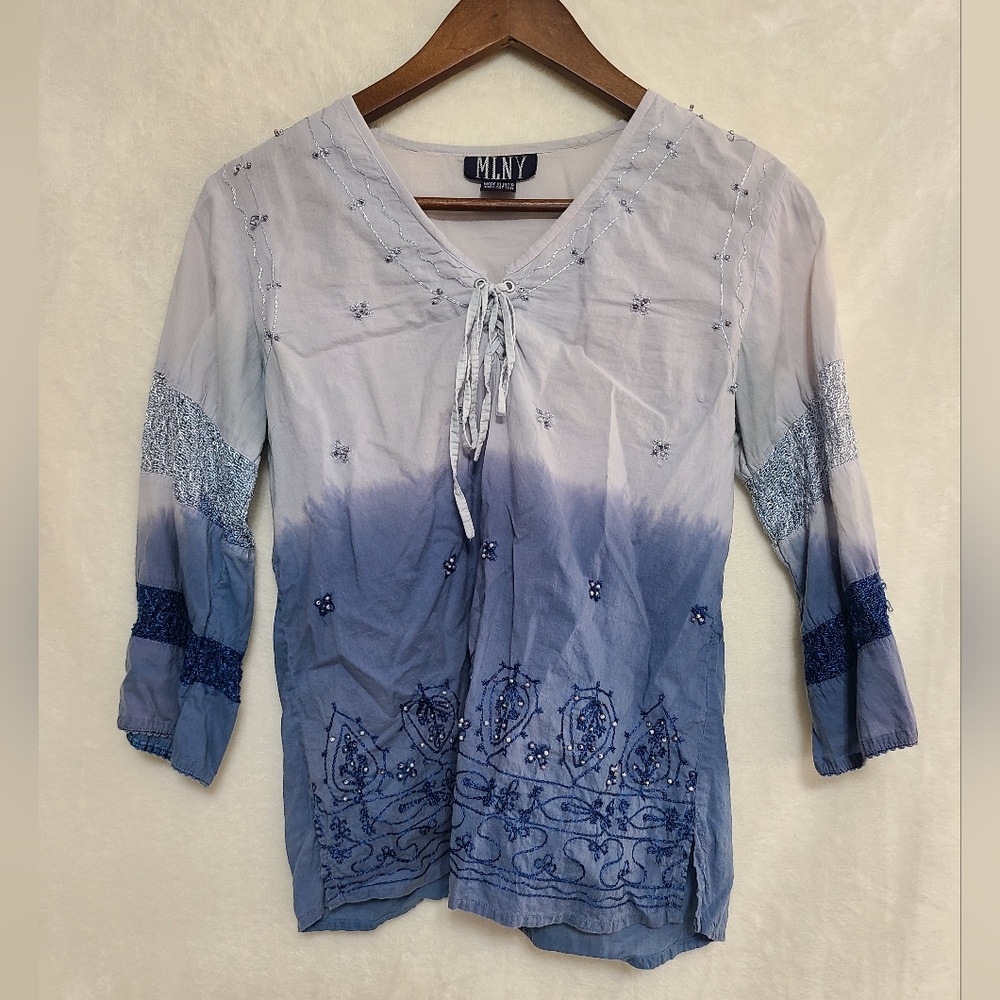 MLNY Blue Ombre Embroidered Beaded Cotton Blouse Size M